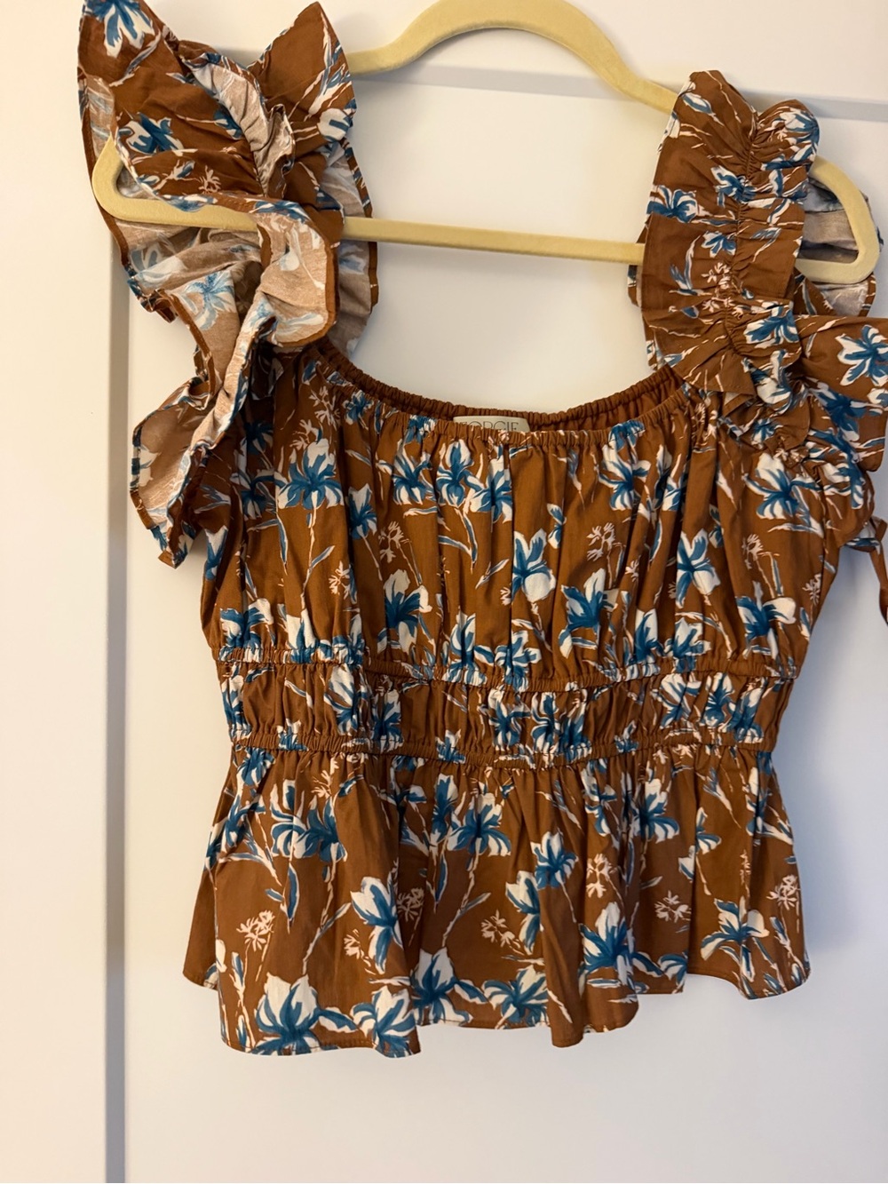 Georgie Brown Floral Smocked Peplum Top with Blue Accents